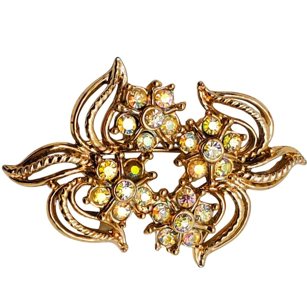 Gold Tone‎ Brooch AB Rhinestone Vintage 1970s Pin Flower Abstract Leaves
